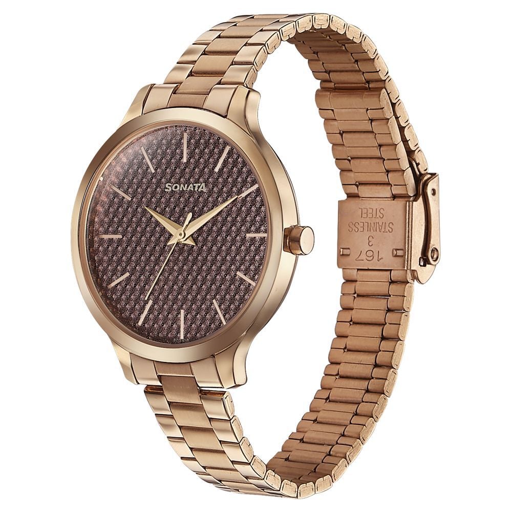 Sonata Wedding Bling Quartz Analog Brown Dial Rose Gold Stainless Steel Strap Watch for Women