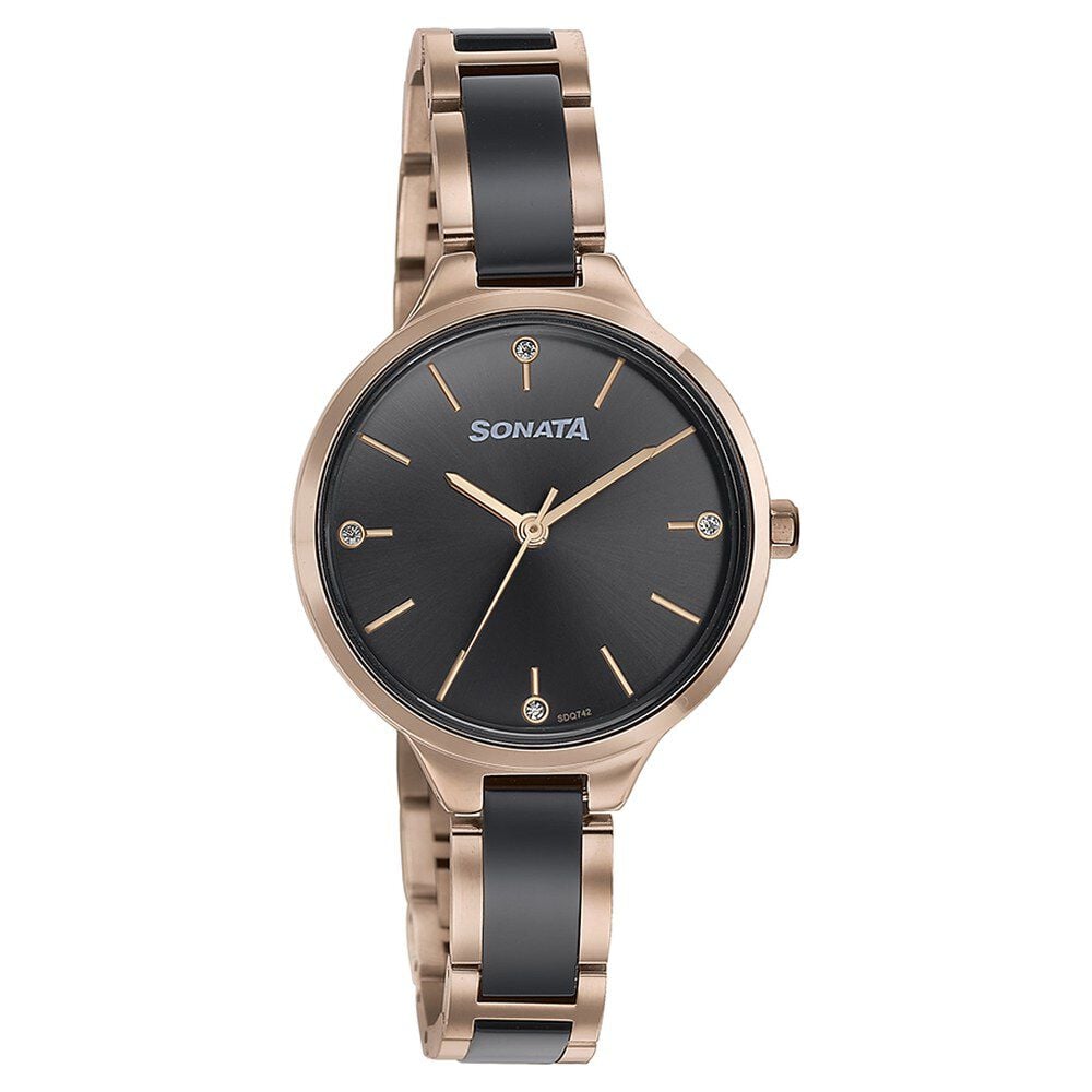 Sonata Quartz Analog Black Dial Two Toned Stainless Steel Strap Watch For Women