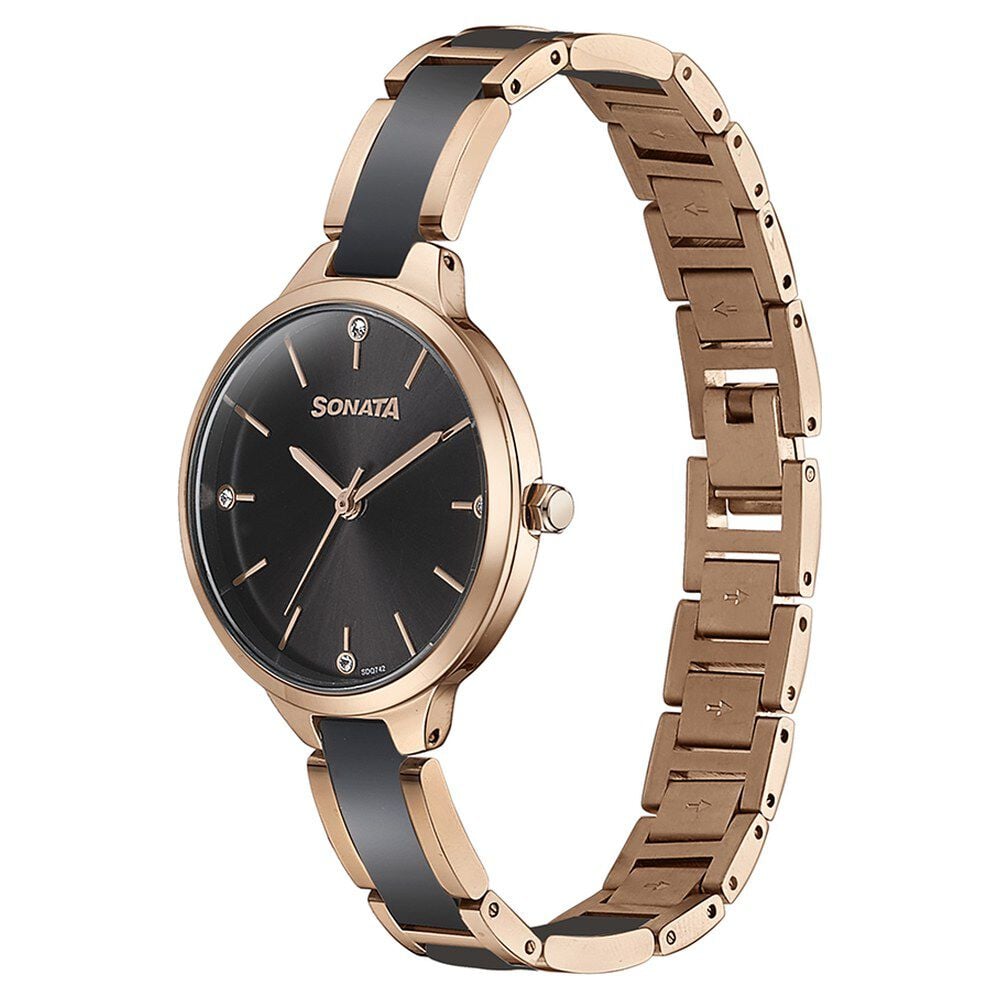 Sonata Quartz Analog Black Dial Two Toned Stainless Steel Strap Watch For Women