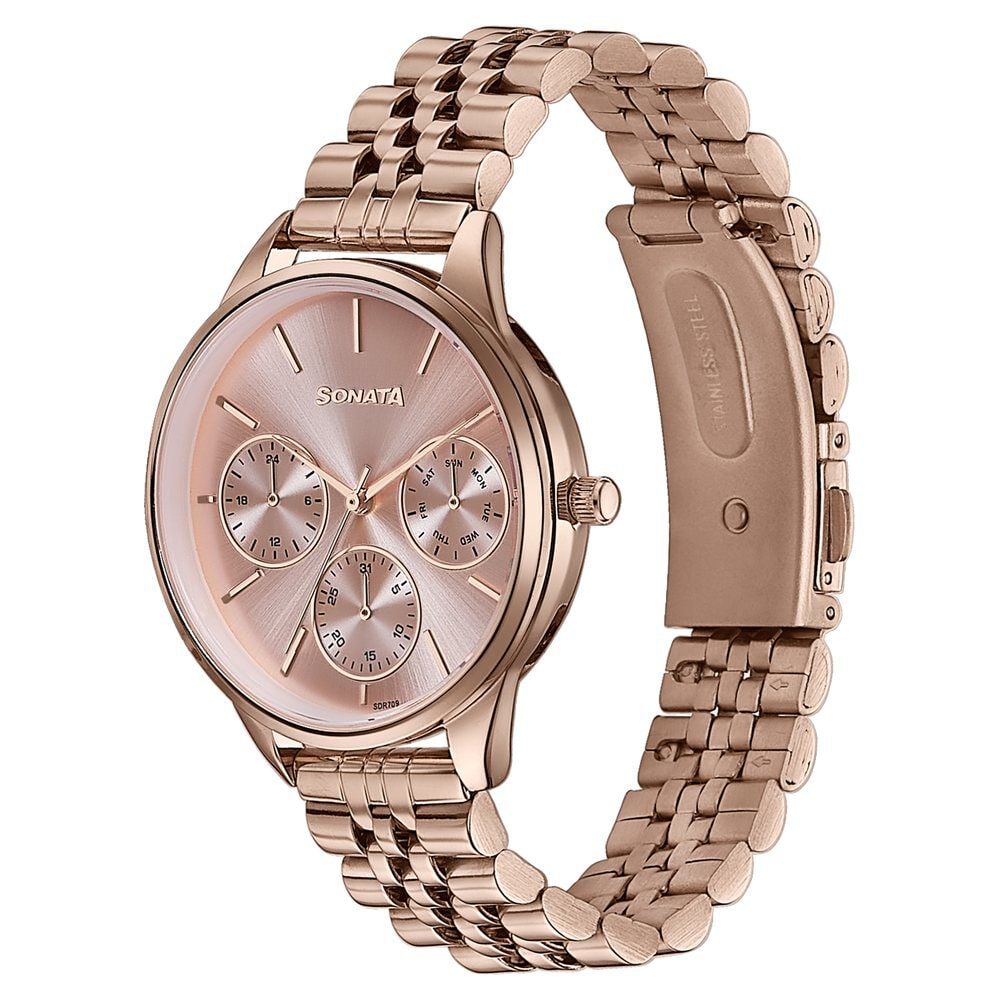 Sonata Wedding Edit Quartz Multifunction Pink Dial Stainless Steel Strap Watch For Women