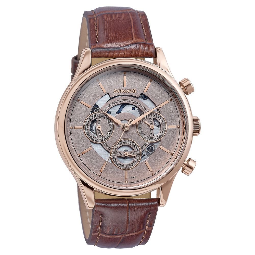 Sonata Wedding Edit Quartz Multifunction Pink Dial Leather Strap Watch For Men