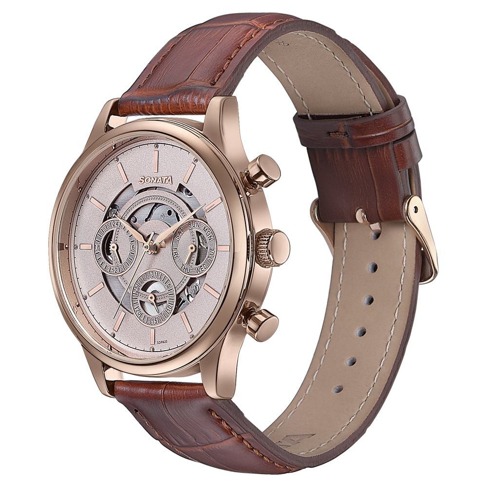 Sonata Wedding Edit Quartz Multifunction Pink Dial Leather Strap Watch For Men