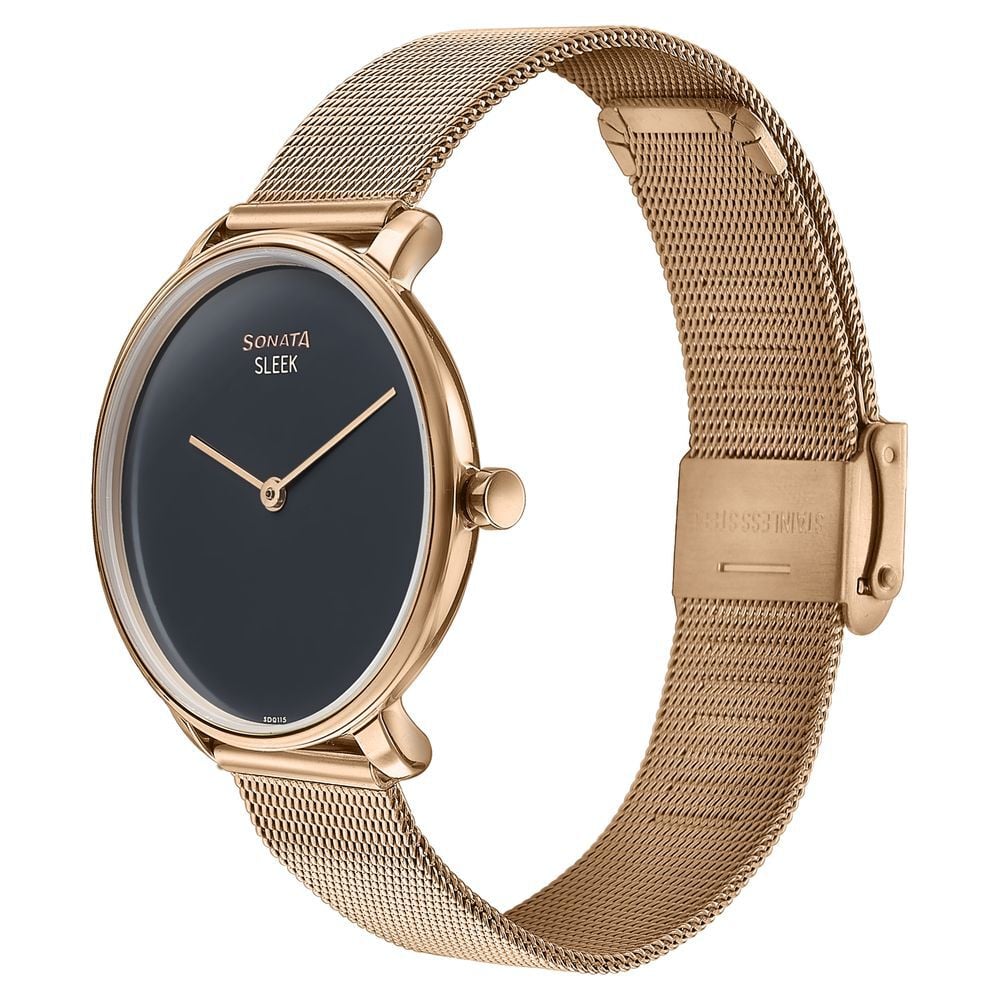 Sonata Sleek Quartz Analog Black Dial Rose Gold Stainless Steel Strap Watch for Women