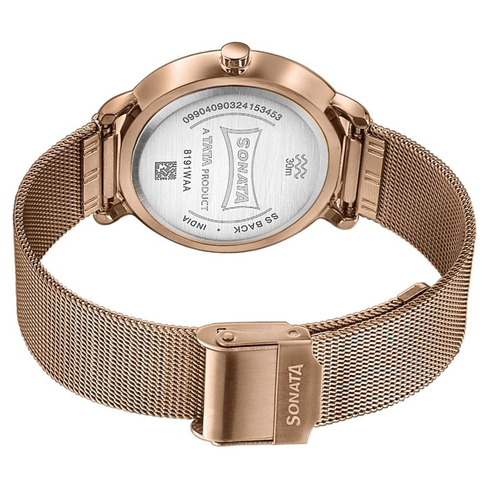 Sonata Sleek Quartz Analog Black Dial Rose Gold Stainless Steel Strap Watch for Women
