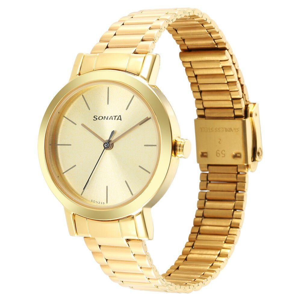 Sonata Essentials Champagne Dial Stainless Steel Strap Watch for Women