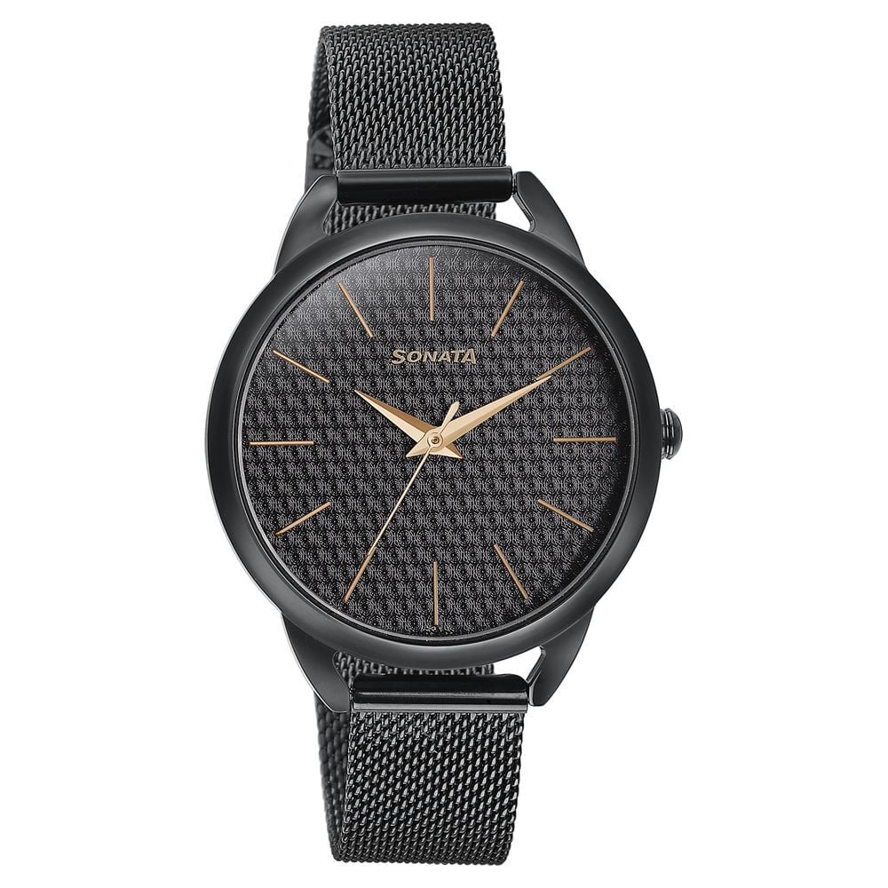 Sonata Wedding Bling Quartz Analog Black Dial Black Stainless Steel Strap Watch for Women