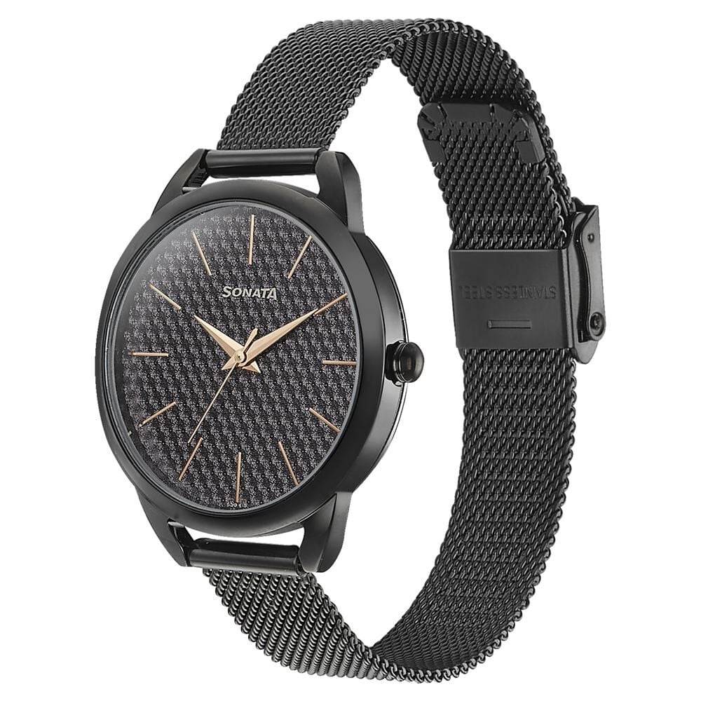 Sonata Wedding Bling Quartz Analog Black Dial Black Stainless Steel Strap Watch for Women