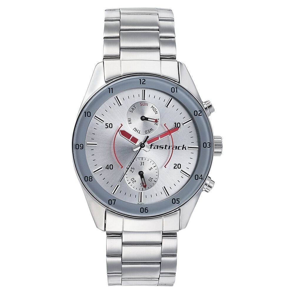 Fastrack Space Rover Quartz Multifunction Silver Dial Stainless Steel Strap Watch for Guys
