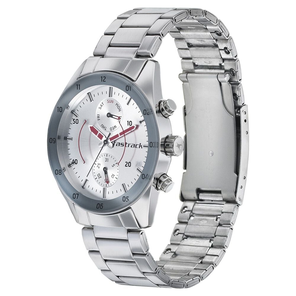 Fastrack Space Rover Quartz Multifunction Silver Dial Stainless Steel Strap Watch for Guys