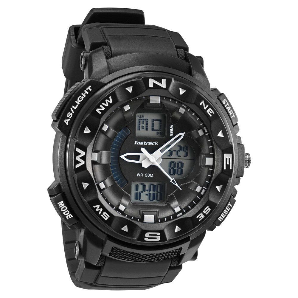 Fastrack AnaDigi Black Dial Black Colour Plastic Strap Unisex Watch