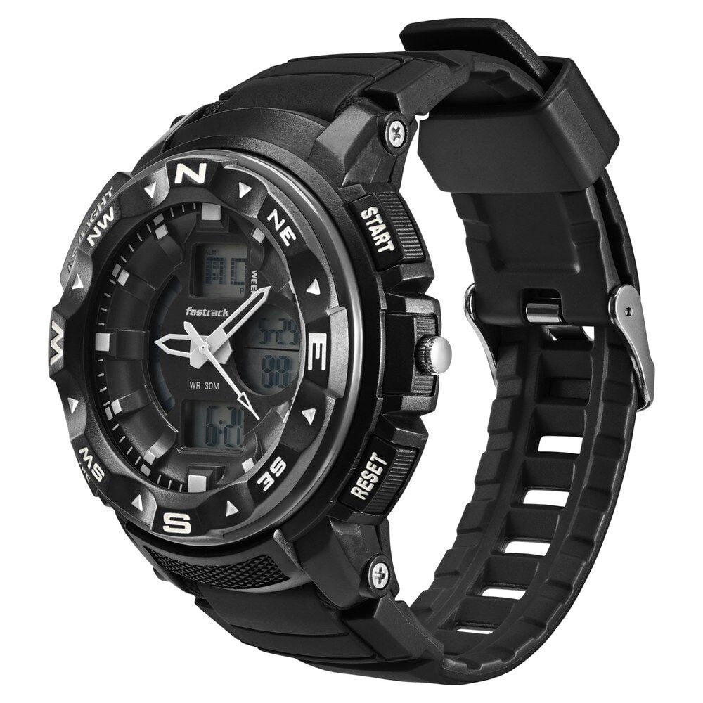 Fastrack AnaDigi Black Dial Black Colour Plastic Strap Unisex Watch