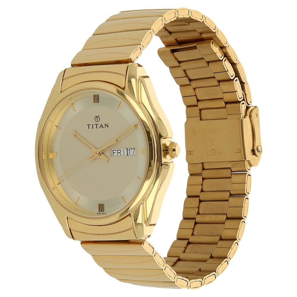 Titan Quartz Analog with Day and Date Champagne Dial Golden Stainless Steel Strap Watch For Men