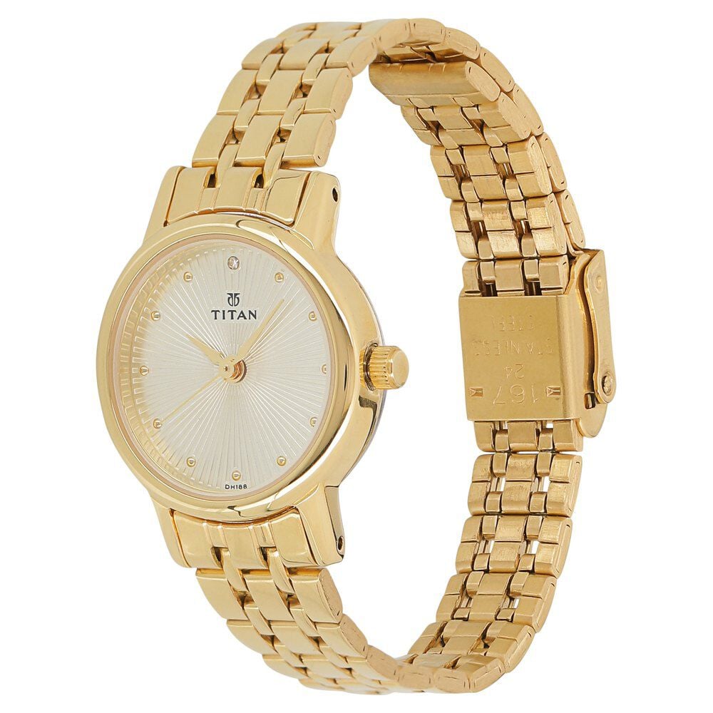 Titan Quartz Analog Champagne Round Dial Golden Stainless Steel Strap Watch For Women