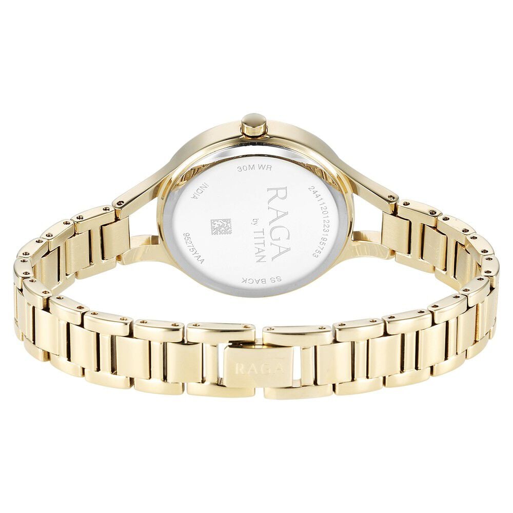 Titan Raga Showstopper Quartz Analog Mother Of Pearl Round Dial Golden Metal Strap Watch For Women