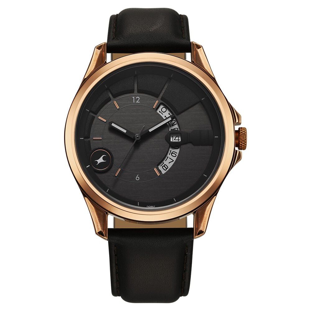Fastrack Groove Quartz Analog with Date Grey Dial Black Leather Strap Watch For Guys