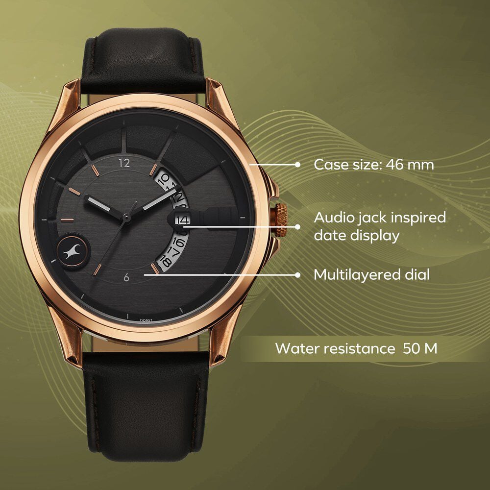 Fastrack Groove Quartz Analog with Date Grey Dial Black Leather Strap Watch For Guys