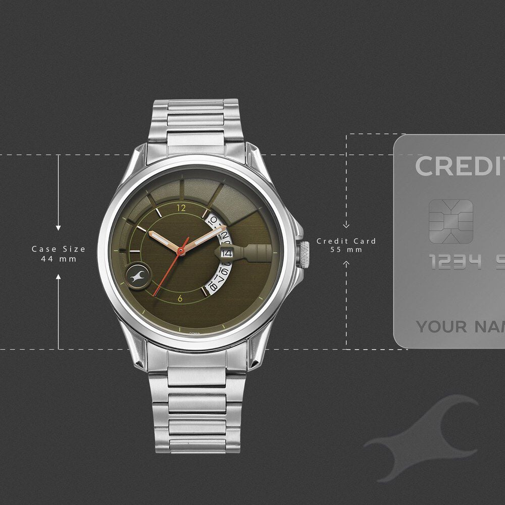 Fastrack Groove Quartz Analog with Date Green Dial Silver Stainless Steel Strap Watch For Guys