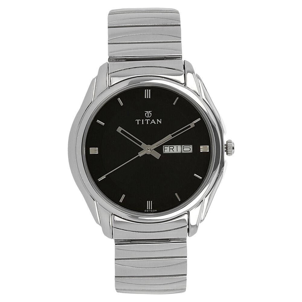 [1578sm04] Titan Quartz Analog with Day and Date Black Dial Stainless Steel Strap Watch for Men