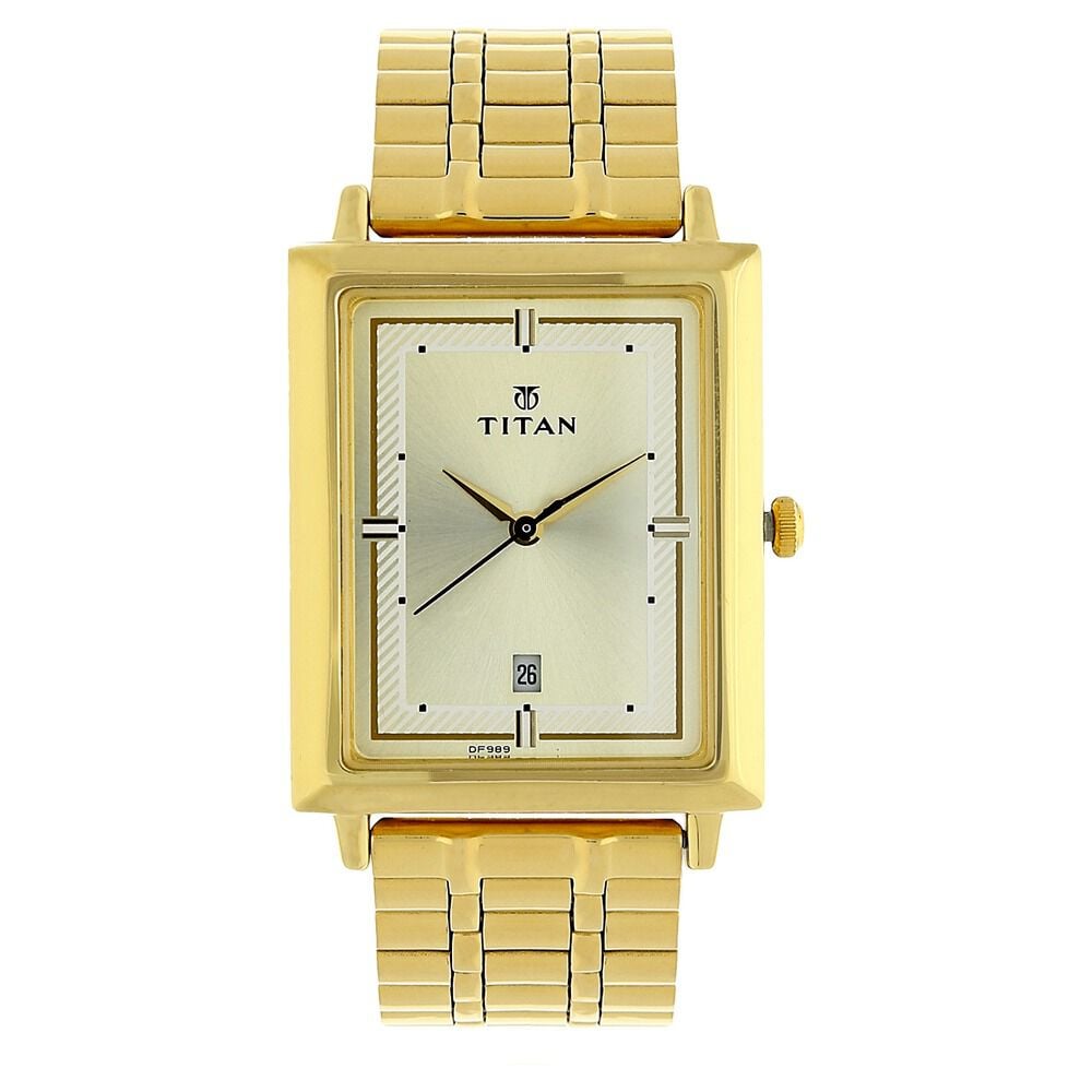 [1715ym02] Titan Quartz Analog with Date Champagne Dial Golden Stainless Steel Strap Rectangular Shaped Watch For Men