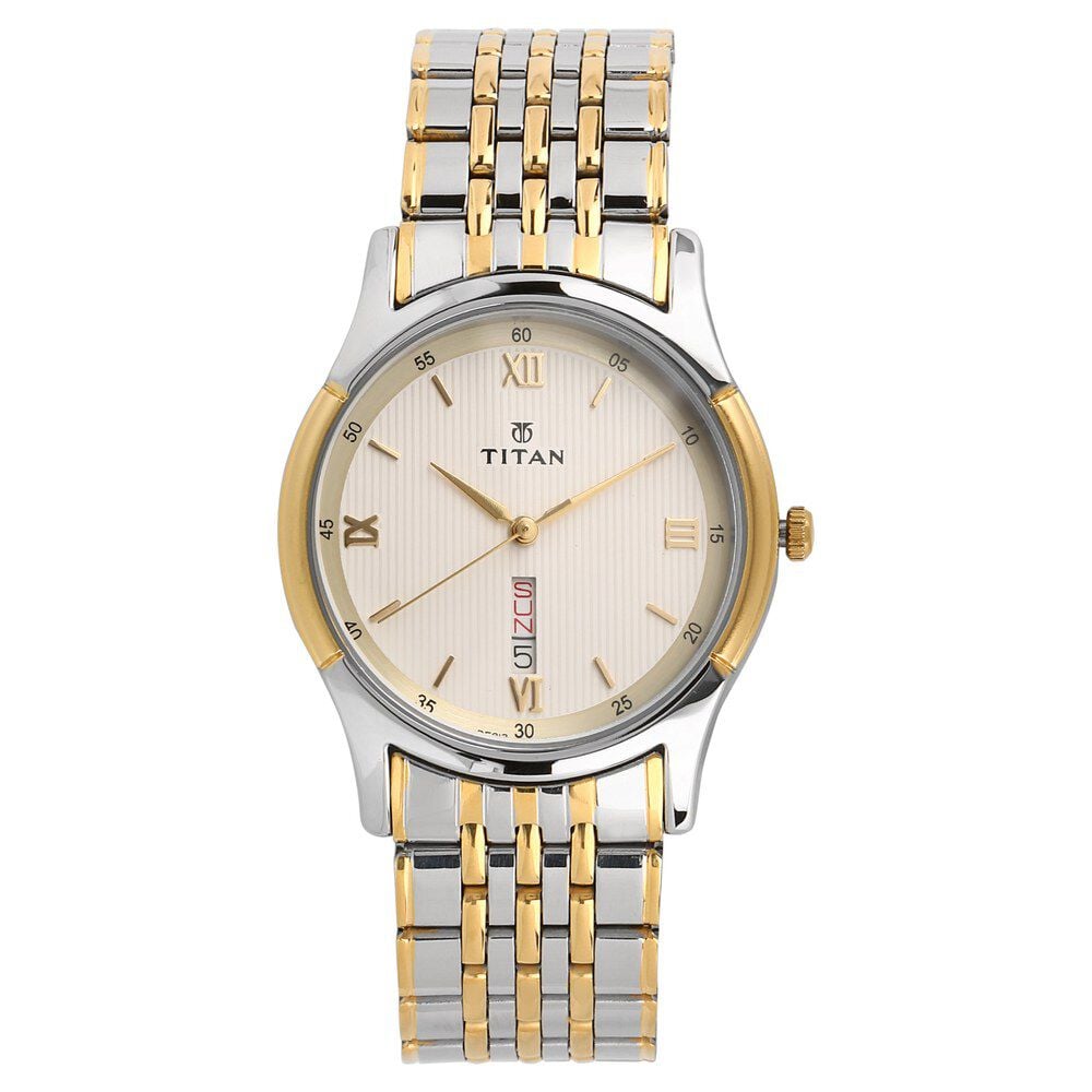 [1636bm01] Titan Analog with Day and Date Off White Dial Stainless Steel Strap watch for Men