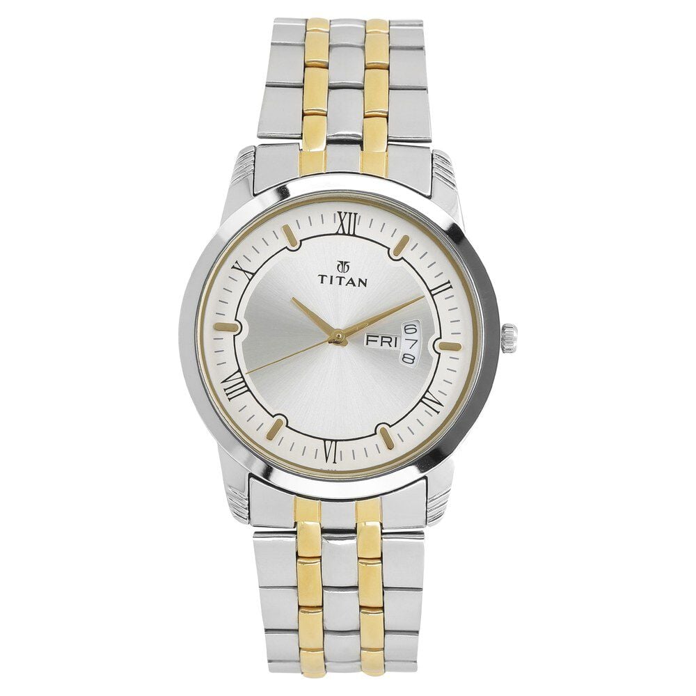 [1774bm01] Titan Metal Silver Analog with Day and Date Stainless Steel Strap Watch for Men