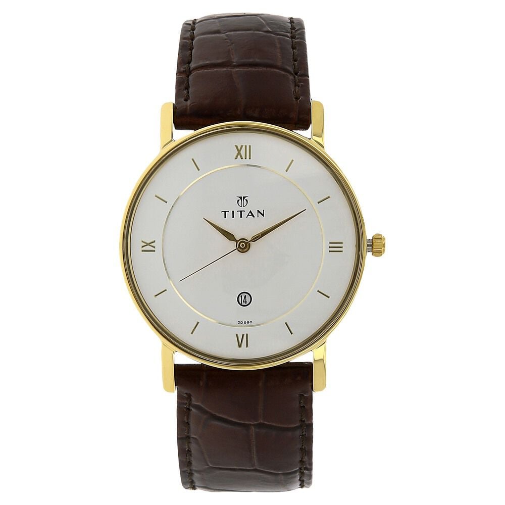 [9162yl01] Titan Quartz Analog with Date White Dial Leather Strap Watch for Men