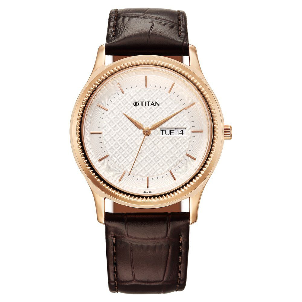 [1824WL03] Titan Karishma Quartz Analog with Day and Date Silver Dial Leather Strap Watch For Men