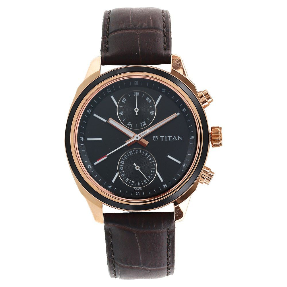 [1733KL03] Titan Quartz Multifunction Blue Dial Leather Strap Watch for Men