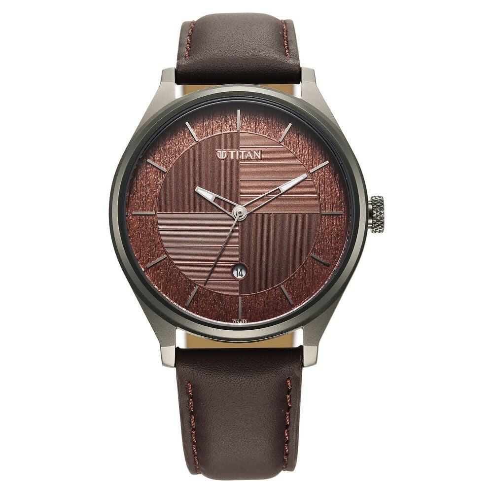 [1802ql02] Titan Neo Economy Quartz Analog with Date Brown Dial Brown Leather Strap Watch For Men