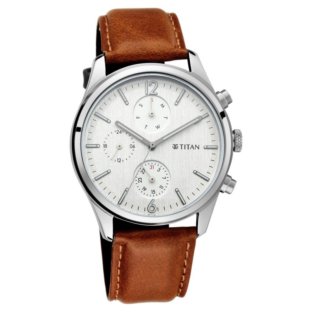 [1805SL04] Titan Men's Metropolitan Charm: Men's Multifunctional Black Watch with Leather Strap