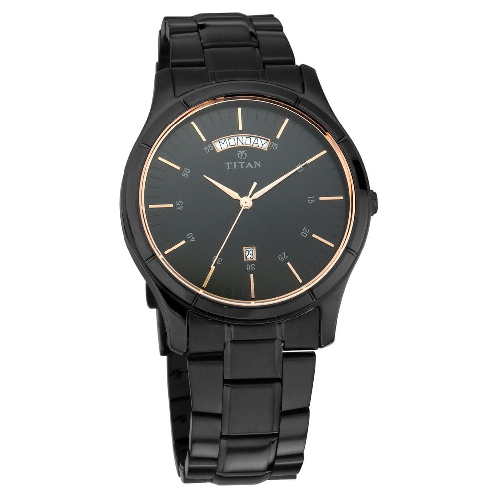 [1767NM01] Titan Quartz Analog with Day and Date Black Dial Black Stainless Steel Strap Watch For Men