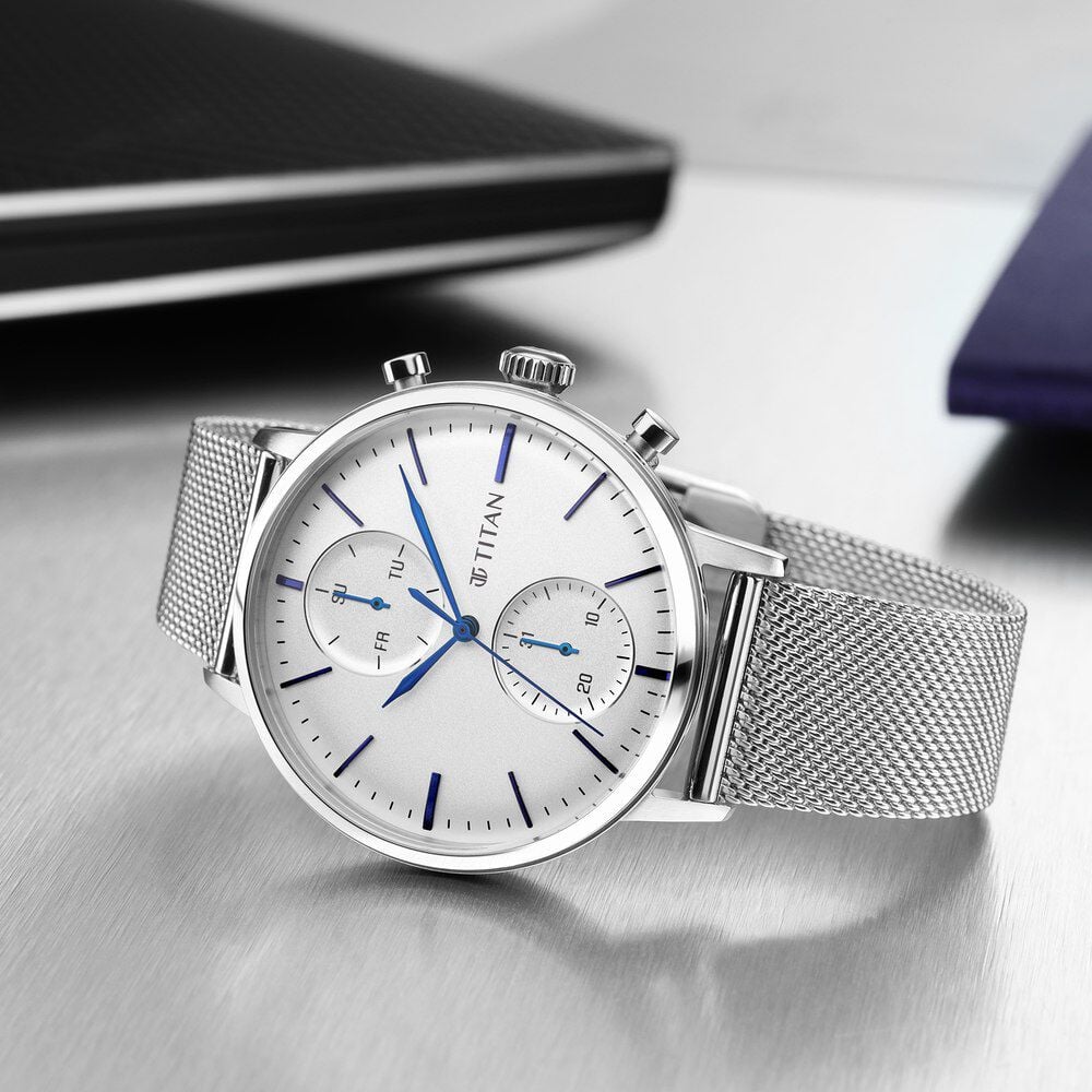 [90135SM01] Titan Light Leathers Multifunction Silver Dial Silver Stainless Steel Strap Watch For Men