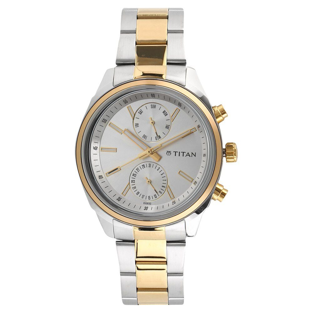 [1733BM01] Titan Men's Metropolitan Luxe: Multifunction Silver Dial with Two-Tone Stainless Steel Bracelet Watch