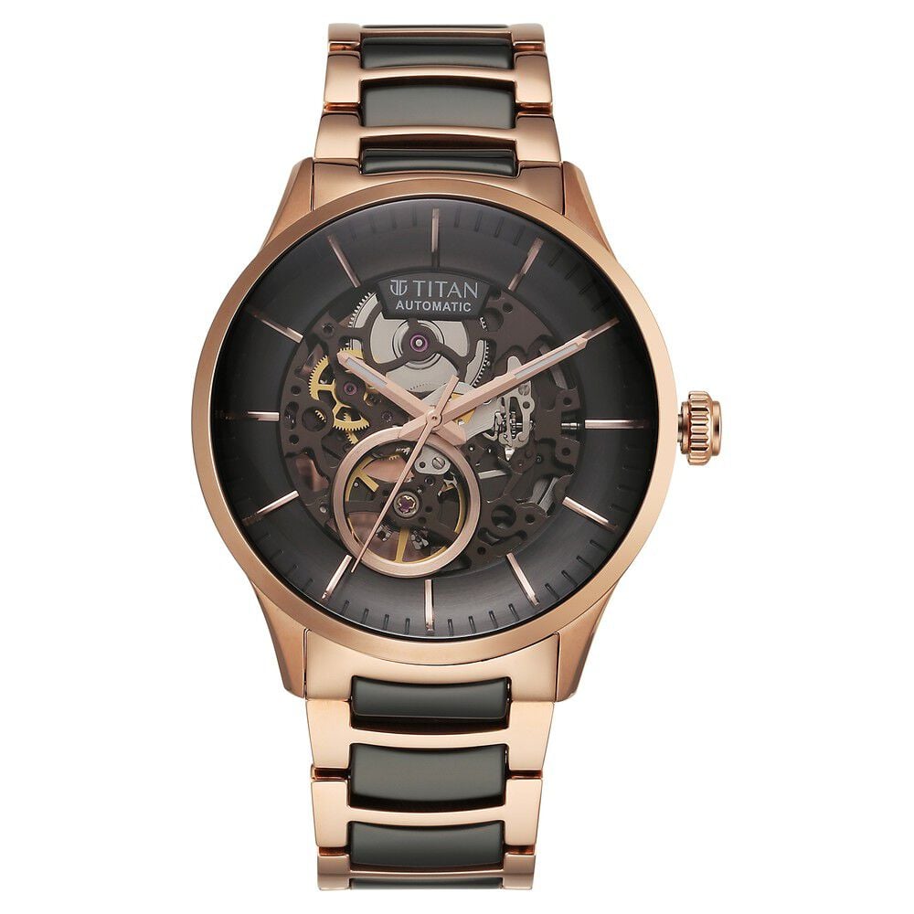 [90174KD03] Titan Ceramic Fusion Automatic Black Dial Rose Gold Dual-Toned Stainless Steel Bracelet Watch for Men