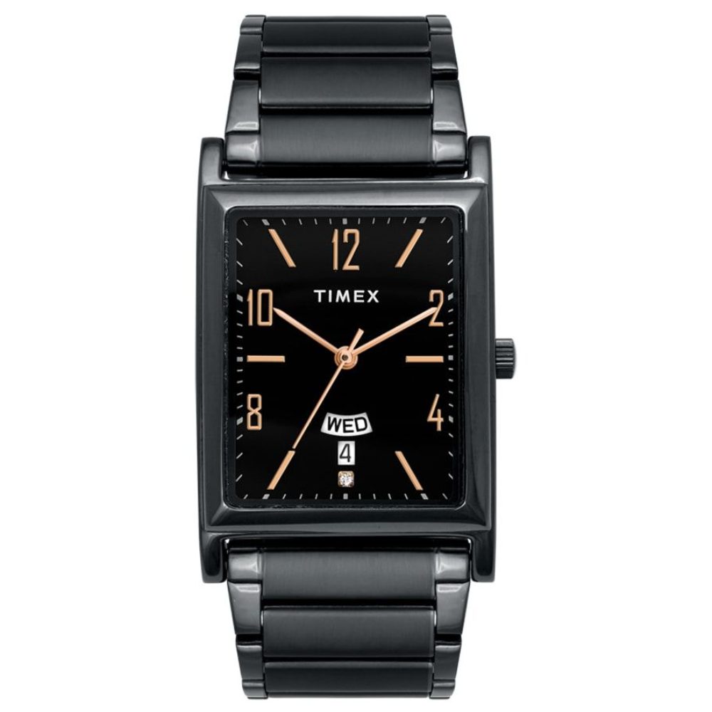 [TW000L521] Timex Classics Men's Quartz Analog Black Dial Rectangle Case Day Date Function Watch -TW000L521