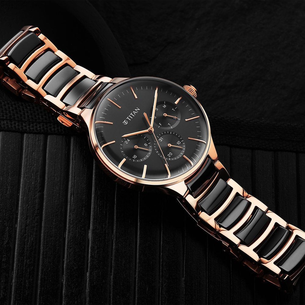 [90148KD03] Titan Ceramic Fusion Quartz Multifunction Black Dial Rose Gold Dual-Toned Stainless Steel Bracelet Watch for Men