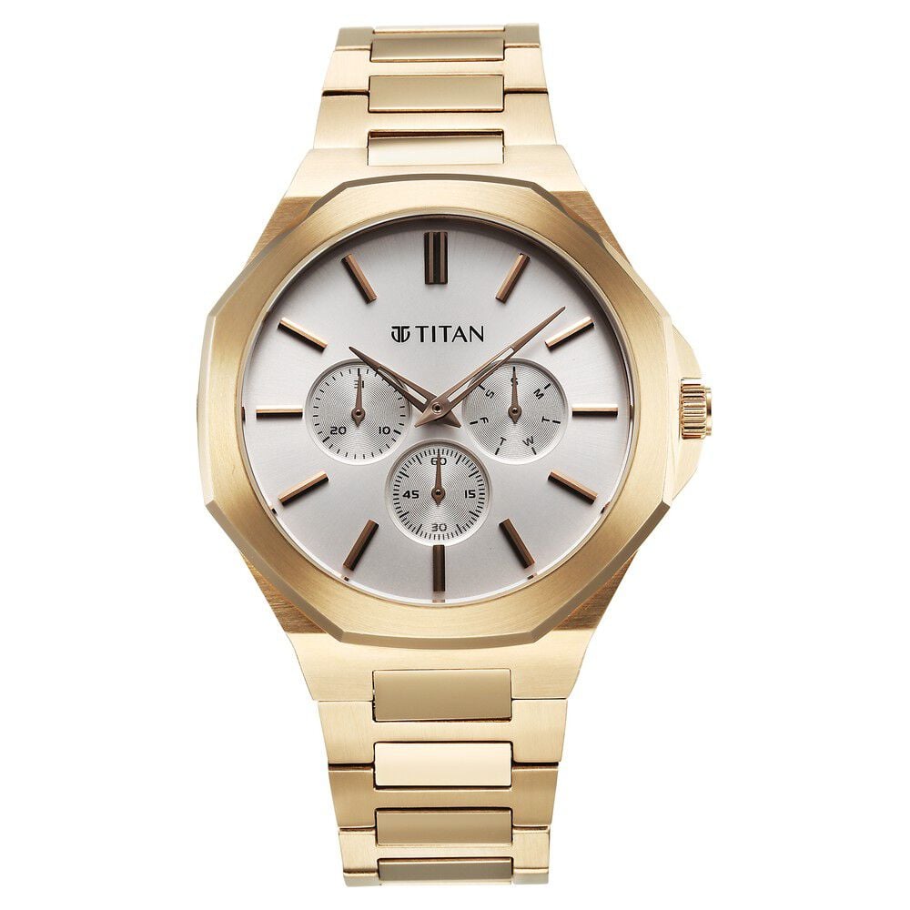 [90198WM01] Titan Classic Slim Multifunction Multifunction Silver Dial Carnation Gold Stainless Steel Strap Watch For Men