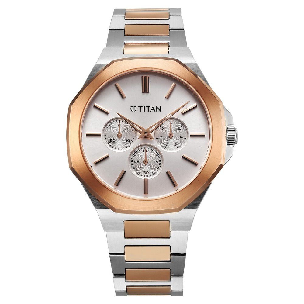 [90198km01] Titan Classic Slim Multifunction Multifunction Silver Dial Multicoloured Stainless Steel Strap Watch For Men