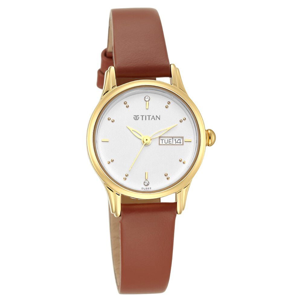 [2656YL01] Titan Lagan White Dial Analog with Day and Date Leather Strap Watch for Women