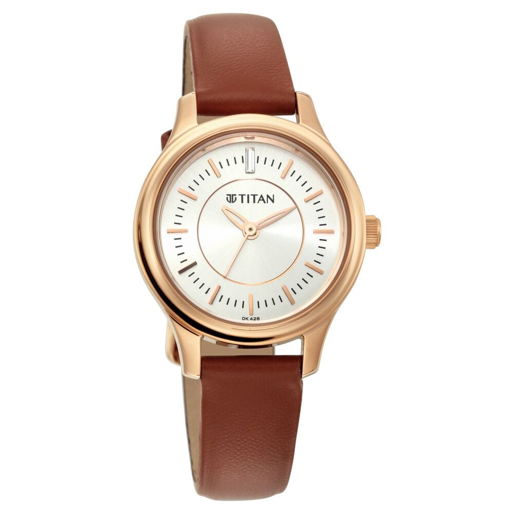[2638wl01] Titan Quartz Analog Silver Dial Tan Leather Strap Watch For Women