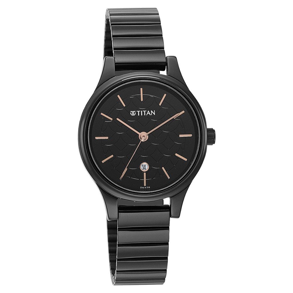 Titan Karishma Quartz Analog Black Round Dial Black Stainless Steel Strap Watch For Women