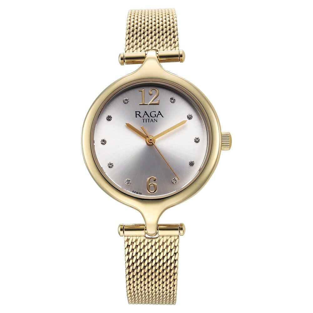 [95268ym01] Titan Raga Showstopper Quartz Analog Silver Dial Golden Metal Strap Watch For Women