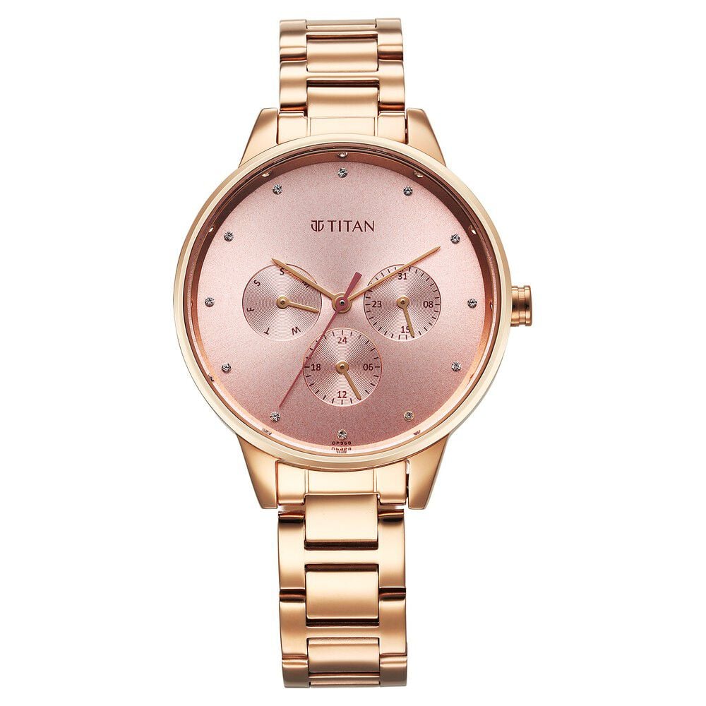 [2648wm08] Titan Razzle Dazzle Quartz Analog with Day and Date Pink Dial Rose Gold Stainless Steel Strap Watch For Women