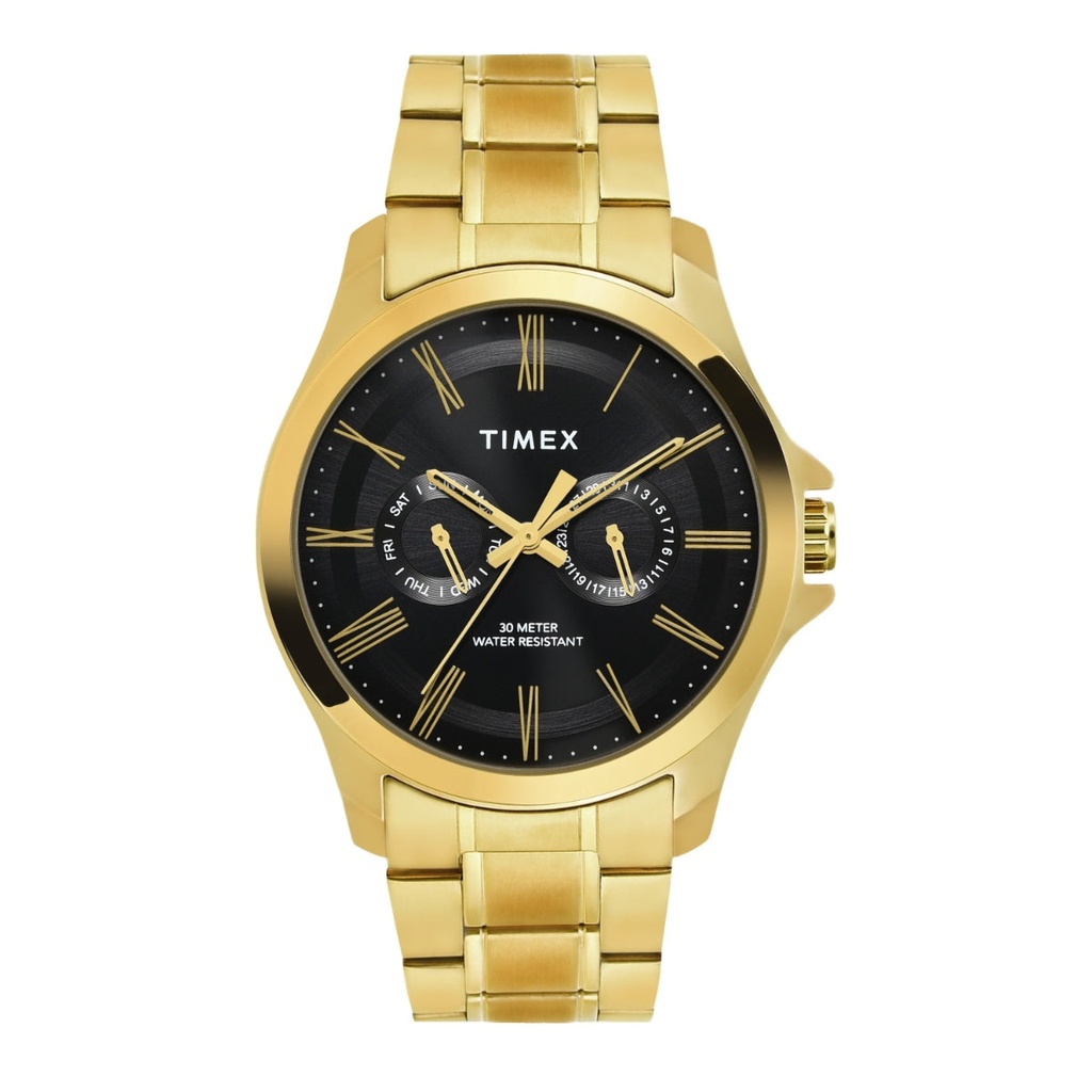 [TW000X129] Timex Men Analog Black Round Brass Dial Watch- TW000X129