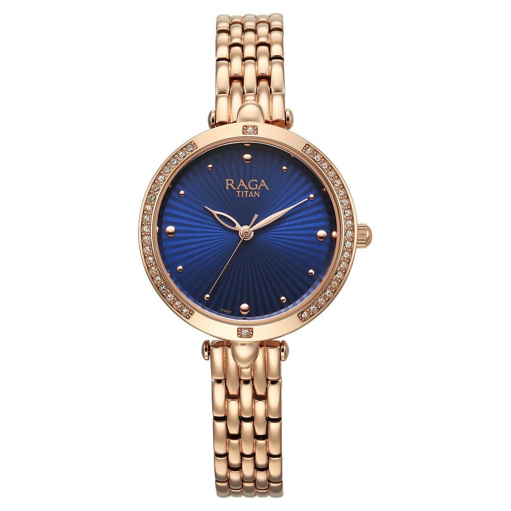 [95266wm01] Titan Raga Showstopper Quartz Analog Blue Dial Rose Gold Metal Strap Watch For Women