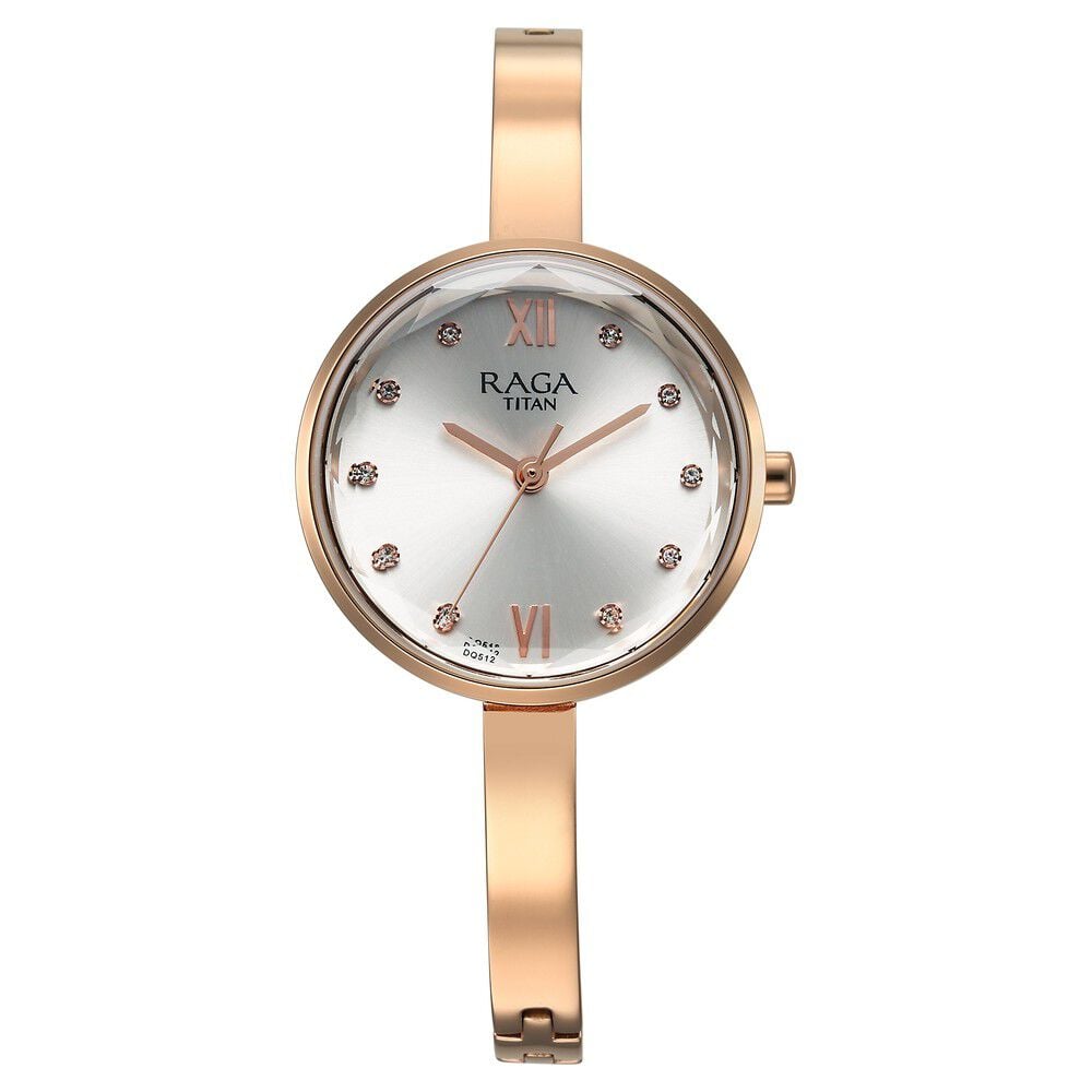 Titan Raga Showstopper Quartz Analog Silver Dial Rose Gold Metal Strap Watch For Women