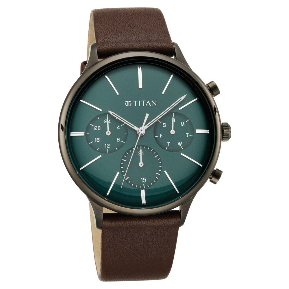[90134QL01] Titan Quartz Multifunction Green Dial Leather Strap Watch for Men