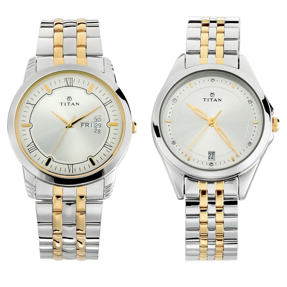 Titan Bandhan Quartz Analog with Day and Date Silver Dial Stainless Steel Strap Watch for Couple