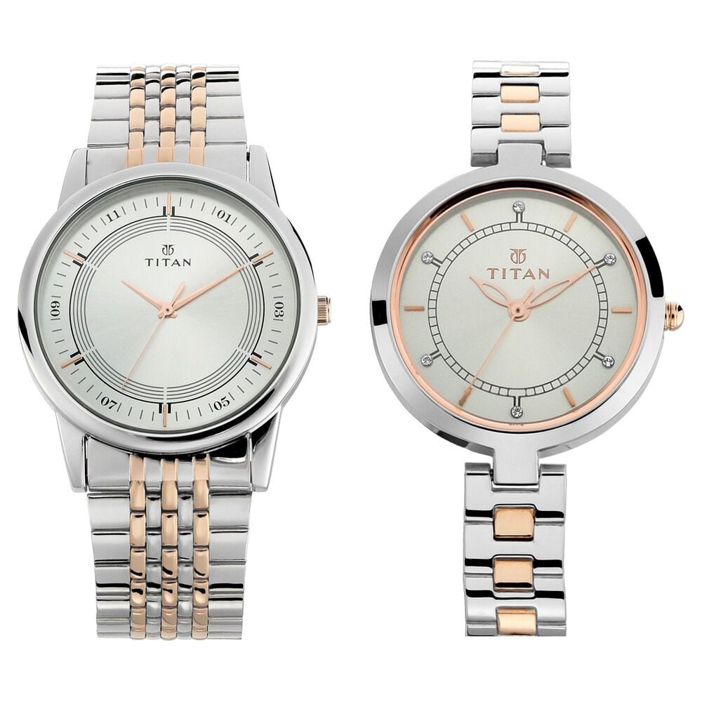 [17732603KM01] Titan Bandhan Quartz Analog Silver Dial Two Toned Stainless Steel Strap Watch For Couple