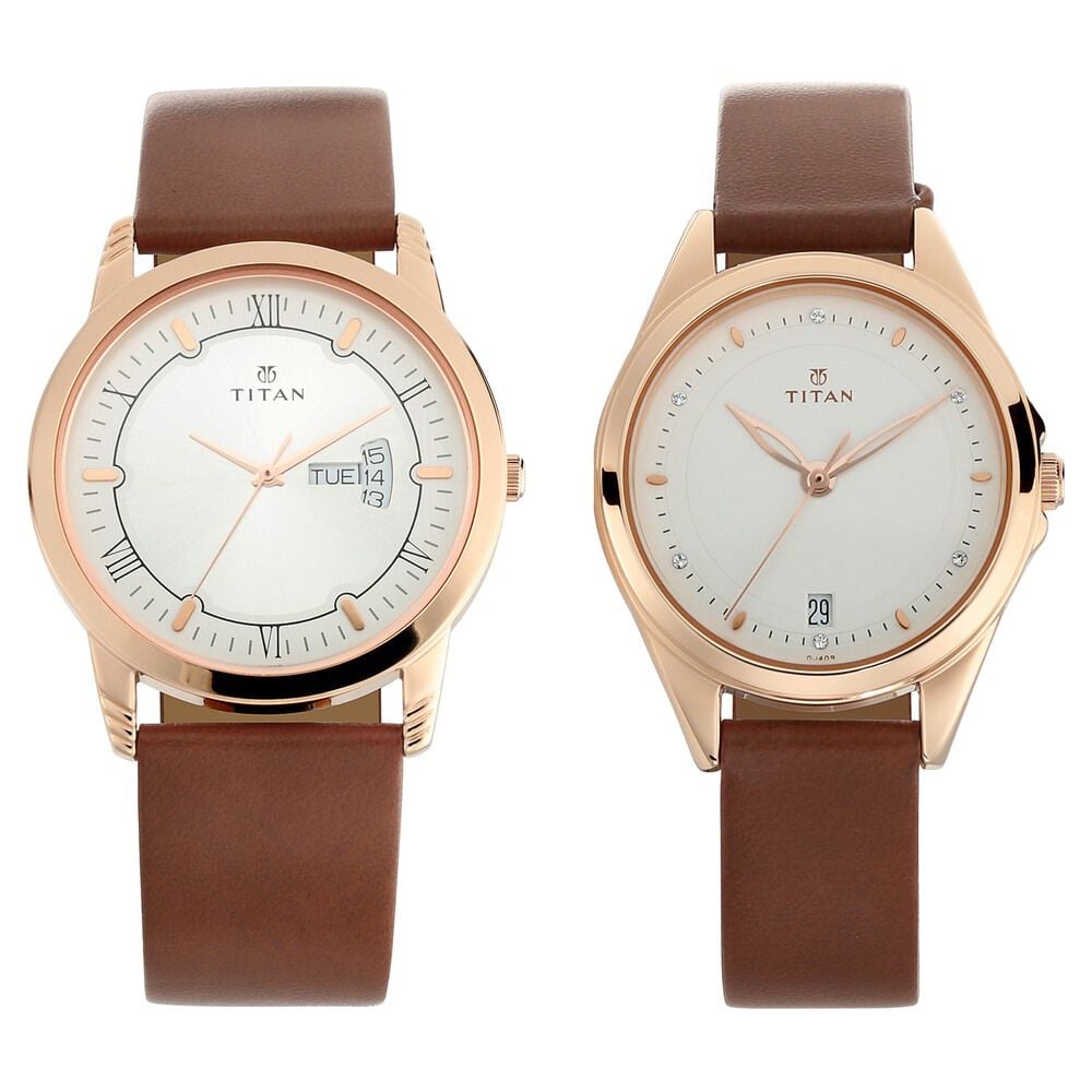 [17742565WL01] Titan Quartz Analog with Day and Date Silver Dial Leather Strap Watch for Couple